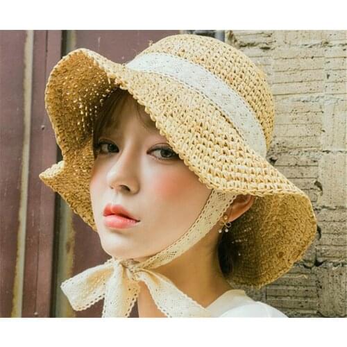 Girl Weave Raffia Sun Hats for Women Ribbon Lace Up Large Brim Straw Hat r Beach Summer Caps B1172