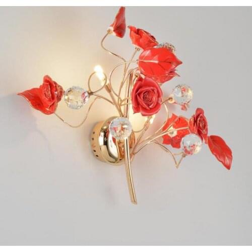 Wedding pink Rose Wall Lamp G4 led Ceramic wall sconce for Bedroom Living Room Restaurant Crystal Stair wall light led Arandela