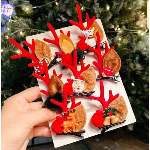 1Pair Childrens Hairpin Princess Christmas Hairpin Hairball Duck Clip Headdress Snowman Cute Antler Clip Hair Ornament
