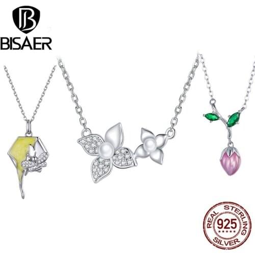 BISAER Necklaces 925 Sterling Silver Budding Flower Honeycomb Pendant for Women Simple Fine Necklace Jewelry Collar EFN213