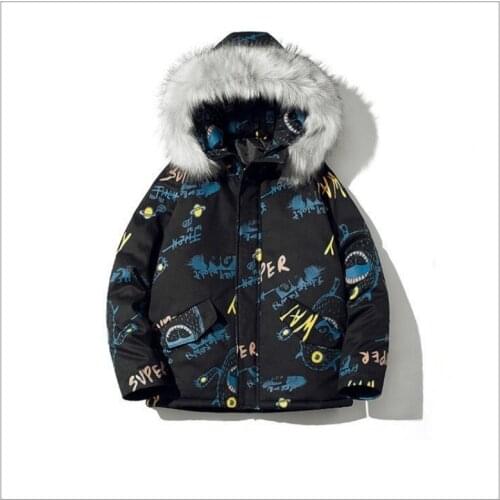 Cotton-padded Coat Womens 2021 Winter New Graffiti Thick Padded Jacket Loose Big Fur Collar Couple Hooded Outerwear Parka