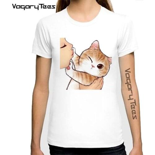 2021 Summer Women T-shirt Kiss a cute cat Printed Tshirts Casual Tops Tee Harajuku 90s Vintage White tshirt Female Clothing