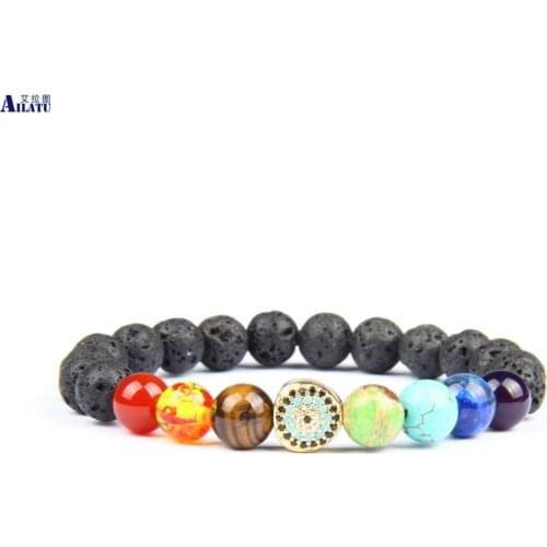 Ailatu New Chakras Turkish Lucky Eye Cz Bracelet with 8mm Natural Multi Stone Beads Chakra Jewelry