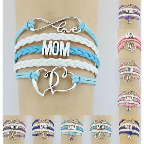 10PC/Lot Infinity Love Mom Heart Foot charm bracelet Rope Leather for women jewelry Leather bracelets & bangles gift for mom