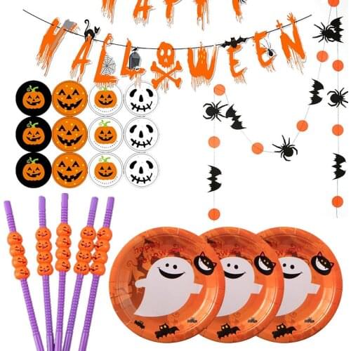 Halloween Party Paper Plate Straw Disposable Tableware Decoration Happy Halloween Banner Gifts Bag Sticker HA001