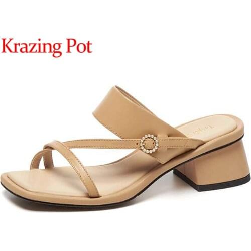 Krazing Pot genuine leather square toe med heel simple style pearl high street fashion maiden slip on mules women sandals L7f1