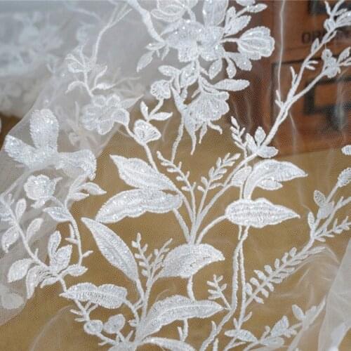 Ivory Embroidery Floral Lace Fabric Clear Sequins Sheer Mesh Net Tulle Lace Fabric for Bridal Wedding Apparel Fabrics Supply