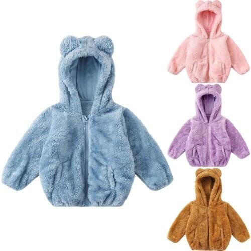 12 M-5 Y) ChildrenS Jacket Jacket Winter Solid Color Plush Cute Bear Ear Hoodie Thick Warm Jacket High Quality платье летнее
