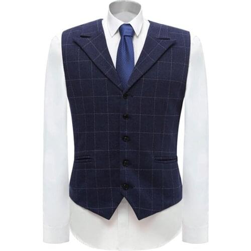 Mens Business Vest Boutique Wool Plaid Single-breasted Cotton Suit Vest Waistcoat For Wedding Formal Vest Groomsmen