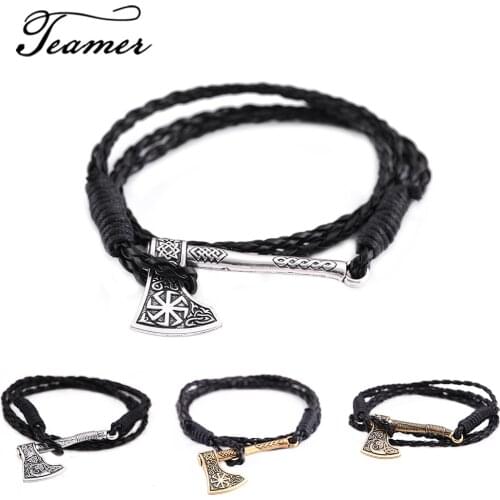 Teamer Handmade Woven Rope Chain Bracelet Men Axe Charm Bracelets Irish Knot Sun Pattern Braid Leather Rope Bracelet