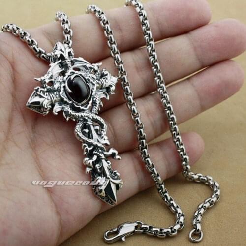 Black CZ Stone Dragon Twine Pendant Solid 925 Sterling Silver Cool Mens Biker Cross Sword Pendant 8X002
