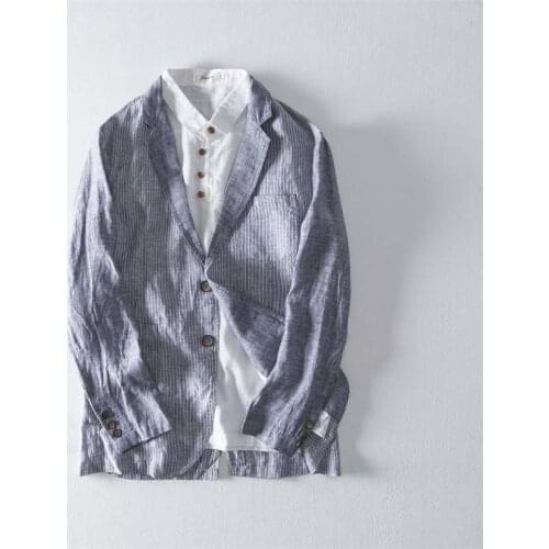 Men Spring Autumn 100% Linen Blazer Japan Style Vintage Striped Slim Fit Linen Thin Blazers Suit Male Casual Suit Jackets FS-176