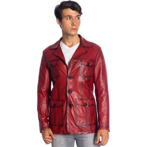 Genuine Soft Leather Handmade Red Man Jacket Blazer Style High Quality Lambskin Button Autumn Winter Gift For Valentines Day