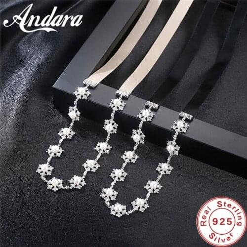 2018 New Bohemia Style 925 Sterling Silver Black Cream-Colored Ribbon Pearl Necklace Clear CZ Choker Jewelry