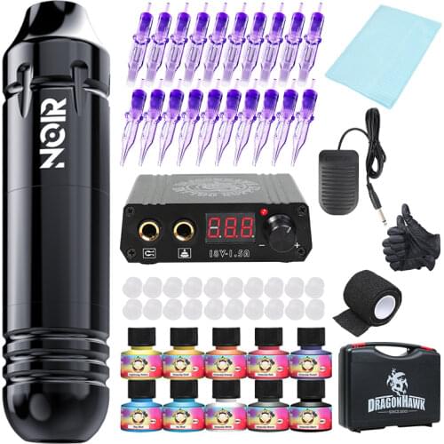 NOIR RCA Interface Rotary Tattoo Machine Dragonhawk LCD Mini Power Supply Kit Mast Permanent Makeup Cartridge 10pcs Ink Set