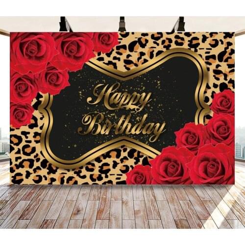 Rose Leopard Pattern Board Happy Birthday Backdrop Floral Flowers Adult Girl Birthday Party Background Decor Custom Photography
