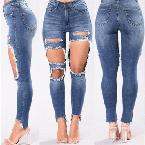 Ripped Big Holes Jeans For Women Skinny Slim Pencil Denim Pants Distressed Hollow-Out Femme Broken Trousers Street Wear Cool