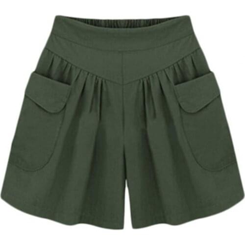 Summer Women Shorts Casual A Line Shorts Female Solid Color Loose Patch Pockets High Waist Short Women Pleated Wide Leg Shorts