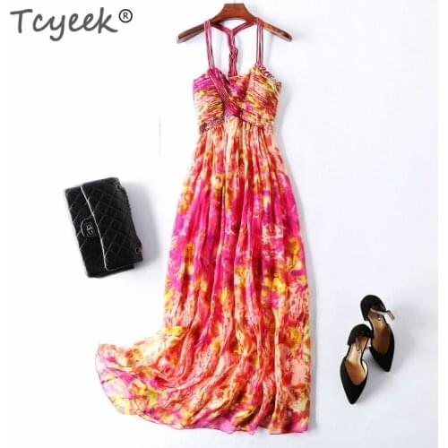 Tcyeek Floral 100% Real Silk Dress Women Strapless Long Dresses Summer Beach Party Elegant Ladies Dresses Vestidos Verano 58002