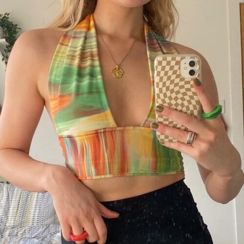 Vitnage Tie Dye Print Halter Top Women Deep V Sleeveless Cropped Streetwear Summer Clothes Sexy Backless Chest Wrap Cami Top