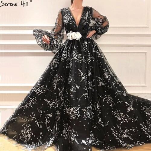 Long Sleeve V-Neck Evening Dresses 2020 Flowers Fashion Sexy Tulle Formal Evening Gowns Long Serene Hill LA6287