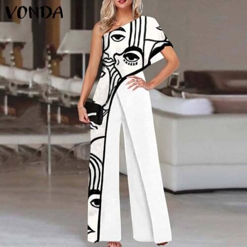 Women Fashion Jumpsuits 2021 VONDA One Shoulder Printed Jumpsuits Women Trousers Female Palazzo Wide Leg Pants Pantalon Femme