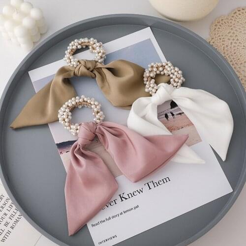 2021 New Korea Style Simple Girl Hair Ties French Satin Pearl Knotted Bow Hair Ropes for Women Fashion Hair Accessories