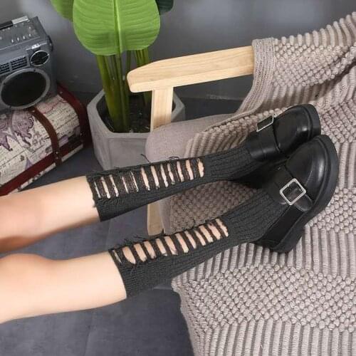 2021 Women Ripped Socks Latest Trendy Raw Hem Ribbed Female Broken Destroyed Socks Street Distressed Knit Footwear Beggar Socks
