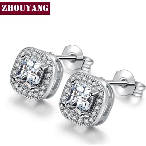 Classic Design Silver Color Princess-cut Big Square Cubic Zirconia Wedding Stud Earrings for Women ZYE847