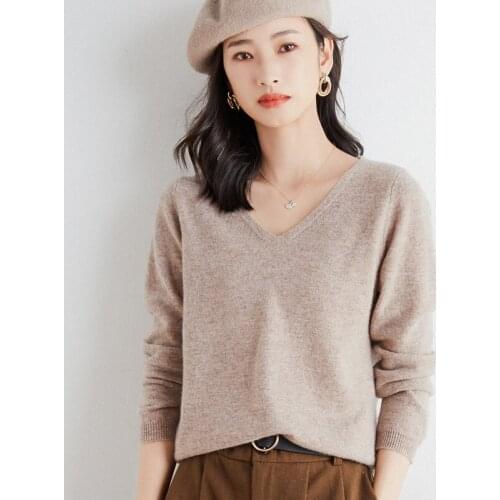 New Fashion Spring Autumn Women Cashmere Wool Sweater V-Neck Solid Color Pullover Long Sleeve Knitted Bottoming Sweater
