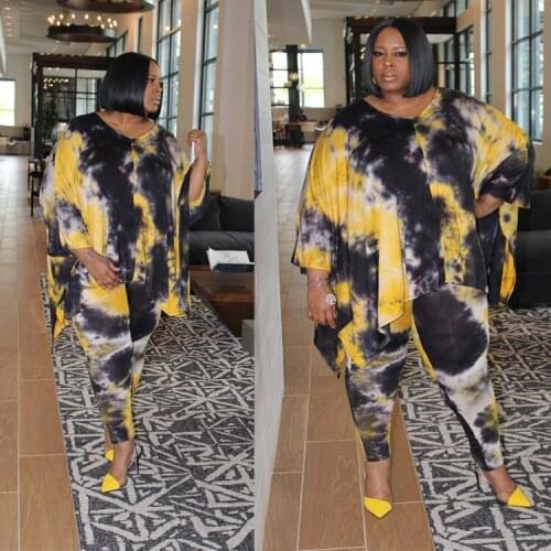 Woman Outfit Clothes Set Tie Dye Printed Vintage Tops + Pants Two Piece Suits 2021 Party Matching Sets Plus Size XL~4XL
