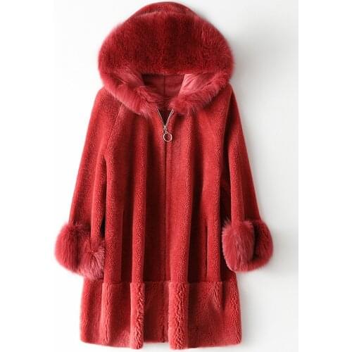 Black Fur Coat Natural Fur Red Fashionable New Hoodie Parkas Coats Winter 100% Wool Fox Fur Collar Womens Sheep Shearing Coat