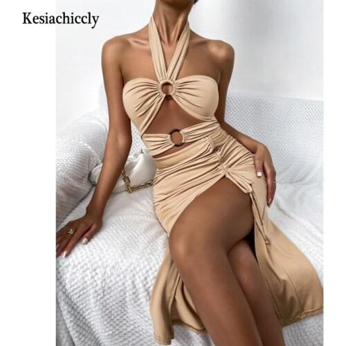 Kesiachiccly Summer Elegant Dress Women Halter Hollow Out High Waist Split Slim Dresses Fashion Lace Up Party Club Midi Dress