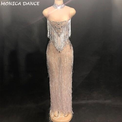 Women Sexy Nightclub Stage Tassel Dress Net Yarn Full Sparkling Crystals Dress Fashion Show Nightclub Party Birthday Stage Wear