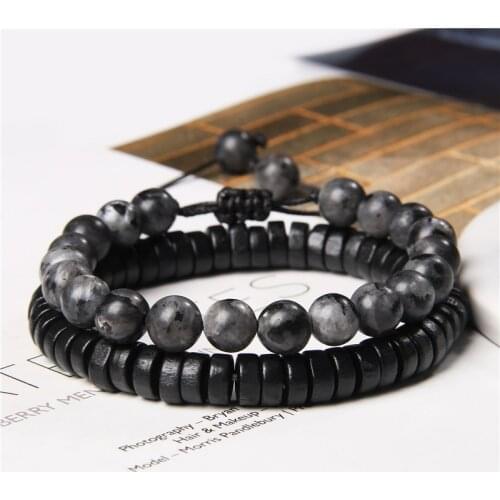 2pcs/set Natural Stone Beads Bracelet Black Wood Chip Braided Bracelets For Women Men Labradorite Jaspers Elastic Rope Pulsera