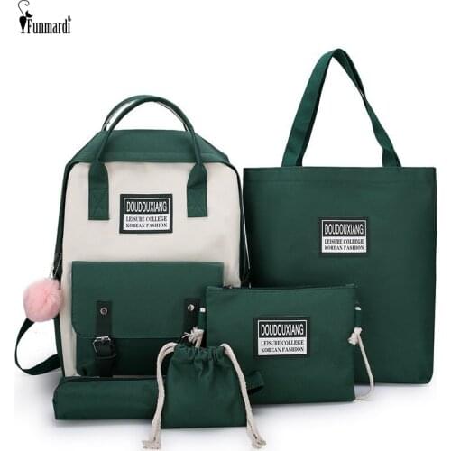 FUNMARDI 5Pcs/Set Women Canvas Backpack High Quality Travel School Bag Multi-Functional Shoulder Bag Fashion Contrast Color Bags