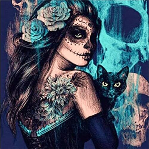 5D Diamond Painting Cross Stitch Kit Girl Cat Halloween Skull DIY Full Square Embroidery Sale Mosaic Art Picture of Rhinestones