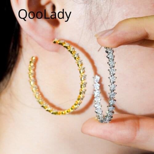 QooLady Exaggerated Big Round Star Hoop Earrings Micro Pave Full White Cubic Zirconia Trendy Christmas Party Ladies Jewelry E202