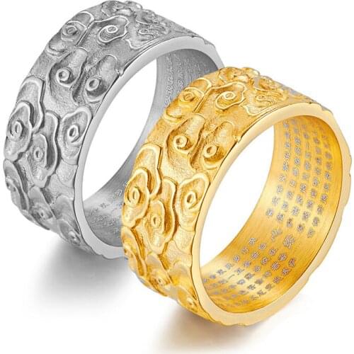 Chinese Style Buddhist Auspicious Cloud Pattern Ring Engraved Prayer Jewelry Gold/Silver Color Stainless Steel Ring for Men