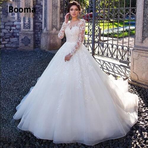 Booma Ball Gown Wedding Dresses Lace Appliques Tulle Bridal Gown O-neck Long Sleeve Illusion Princess Plus Size Wedding Gowns
