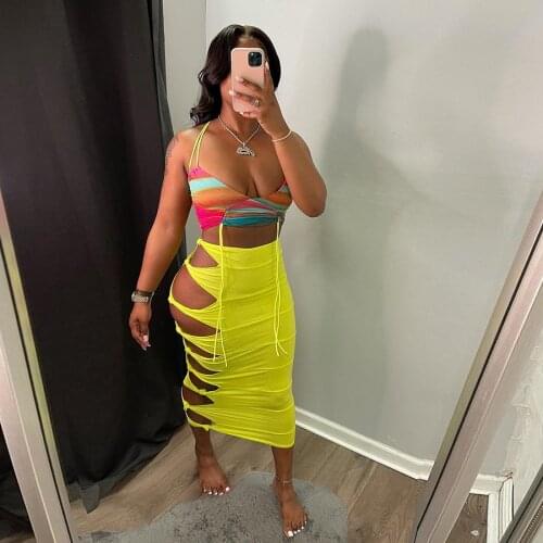 DSMTRC Sexy Hollow Out Harajuku High Waist Pencil Skirt Summer Clubwear Vacation Outfits Y2k Solid Skinny Long Skirt Women