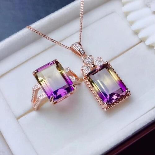 Elegant Female Party Jewelry New Fashion Natural And Real Ametrine Set 925 Sterling Silver Fine Jewelry 1pc Ring,1pc Pendant