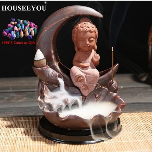 HOUSEEYOU Backflow Incense Burner 3 Colors Ceramic Buddha Incense Stick Holder Little Monk Buddhist Censer + 10Pcs Incense Cones