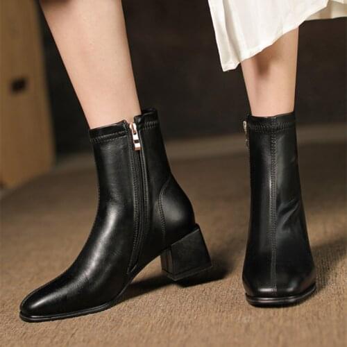 Classic White Ankle Boots for Women Low Heel Short Boots Lady Zipper PU Leather Black Beige Party Shoes Woman Autumn Winter