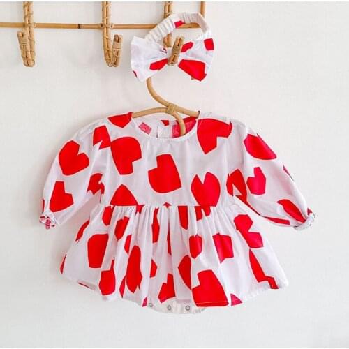 Korean Version of Baby Bodysuit Autumn Love Print Long-Sleeve One-Piece Suit Crawling Clothes Baby Girl Clothes Hair band