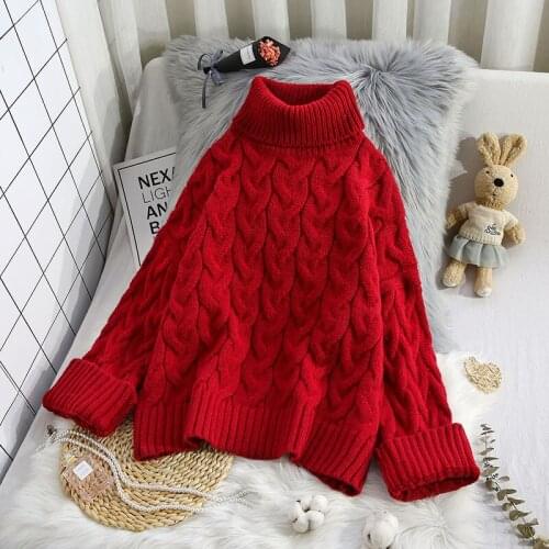 Red Twisted Turtleneck Knitted Women Sweater And Pullovers Long-Sleeved Solid Female Pulls Outwear Coats Tops