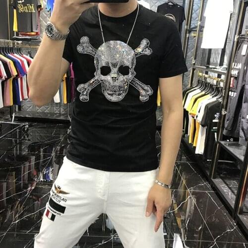 Summer Round Neck Mens t-Shirt Solid Color Skull Print Hot Diamond Mercerized Cotton Plus Size Sweatshirt