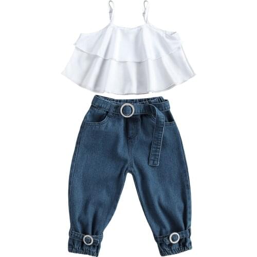 Fashion Kids Baby Girl Clothes Summer Streetwear Straps Ruffles Tank Tops Blue Denim Pants 2Piece Girls Outfits 1-6Years