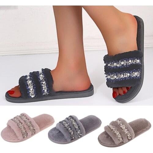 Fashion Women Slippers Winter Open Toe Lady Pearl Decoration Casual Shoes Female Flat-Bottomed Non-Slip Indoors Plush Flats