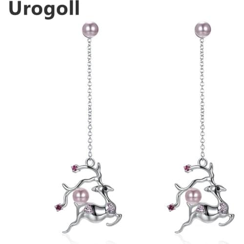 Genuine 925 Sterling Silver Fine Jewelry Pink Gemstone Earrings For Women Christmas Sika deer Crystal Earring Jewelry Gift